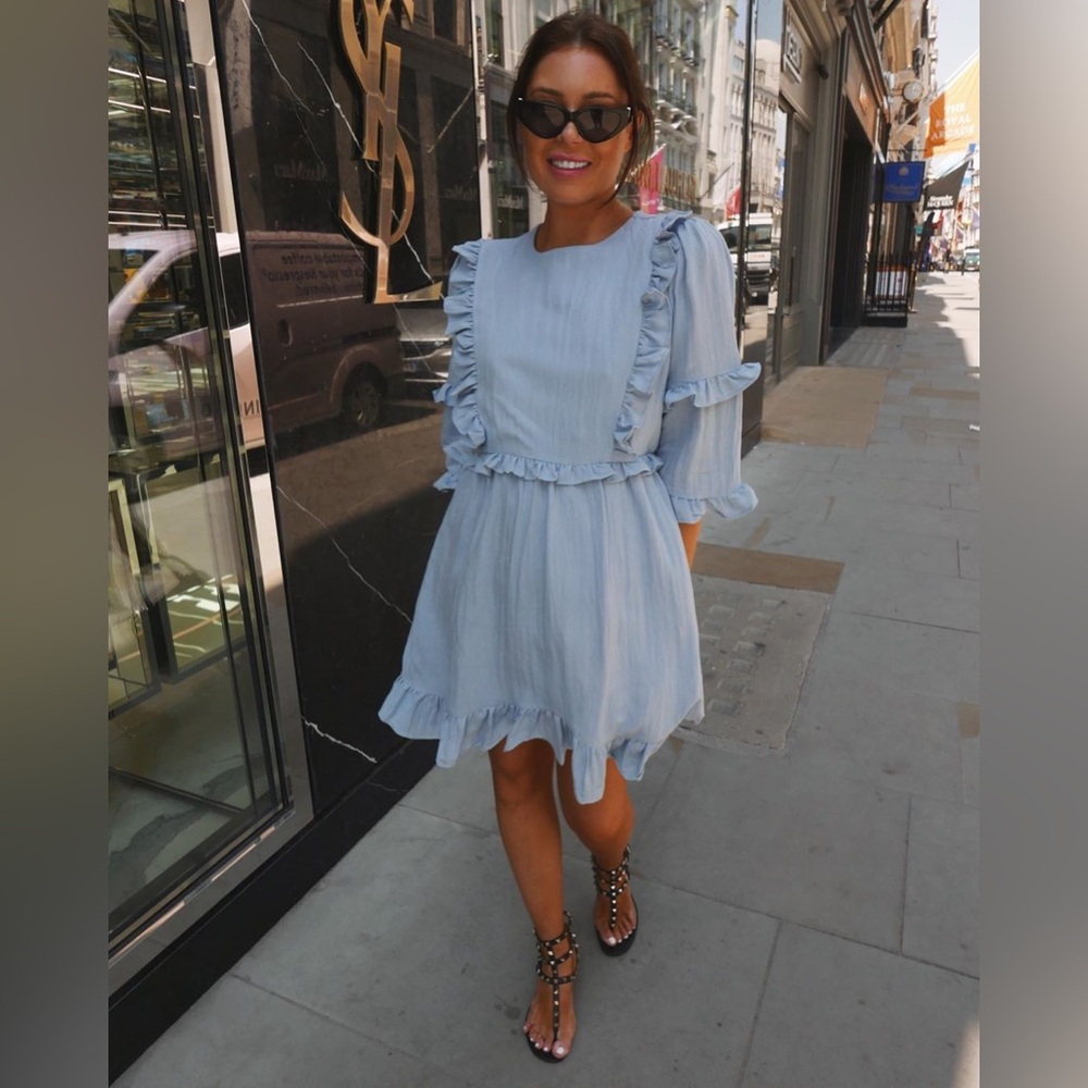 ASOS LORNA LUXE denim blue girl’s girl ruffle mini dress in size 4 tall